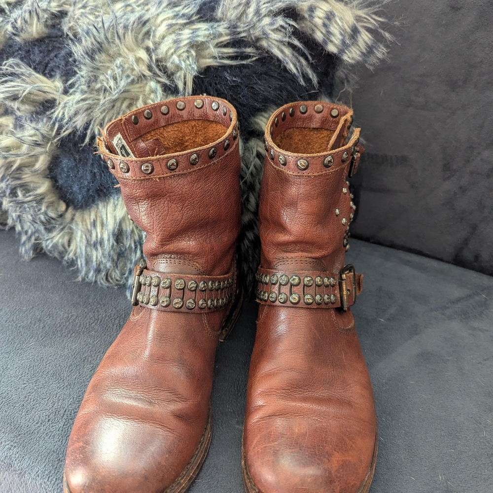 Brown Studded Leather Frye Boots - Picture 3 of 5